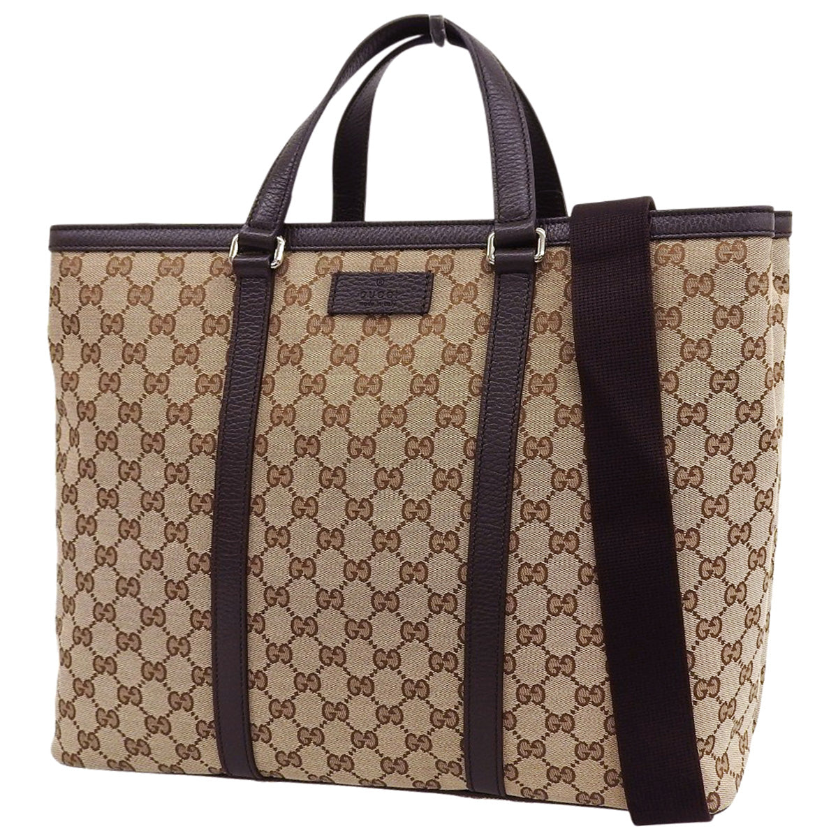 GG Canvas 2-Way Tote Bag, Leather, Beige, Brown, 449169