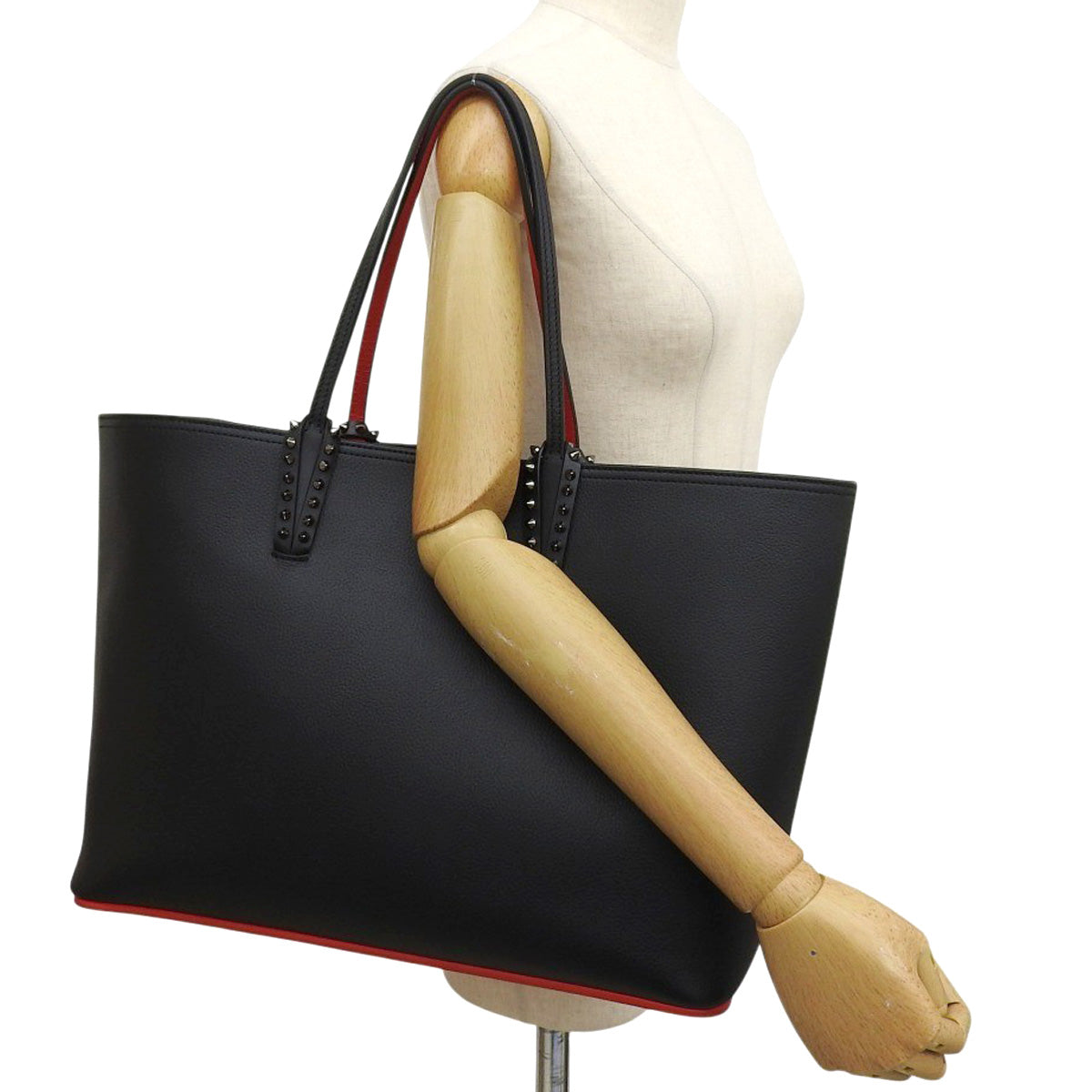 Cabata Calfskin Black Red 3205218CM53 Cabata Tote Shoulder Bag with Studs
