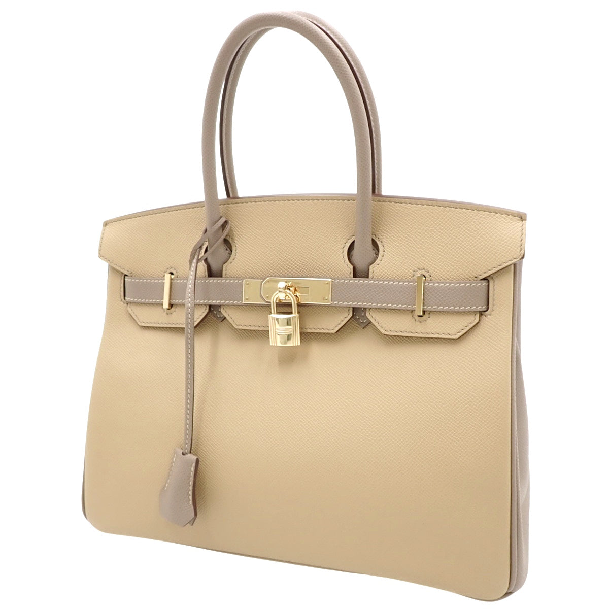 Birkin 30, Epsom calfskin, Trench (color), Gris Asphalt (hardware color), Champagne gold hardware, D stamp.