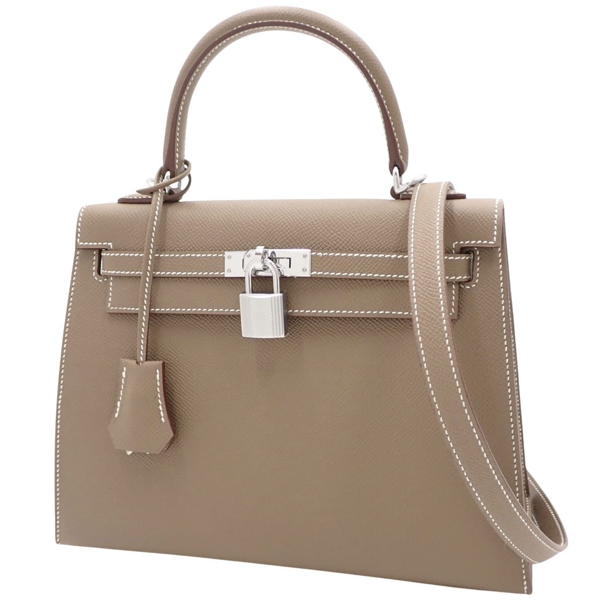 Kelly 25 (Exterior Stitched) Epsom Etoupe/Taupe Leather, Silver Hardware, W Stamp