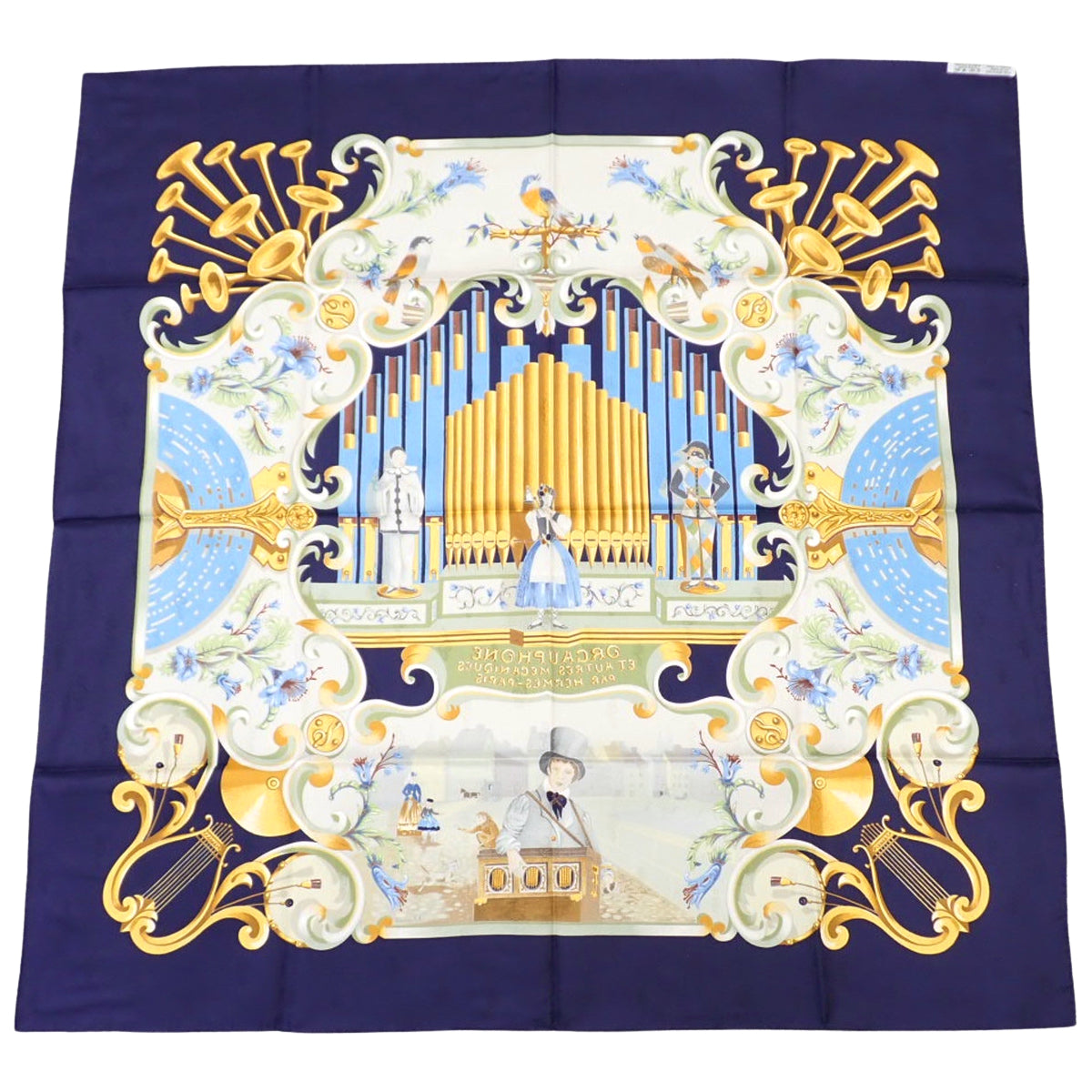 ORGAUPHONE ETAUTRES MECANIQUES Pipe organs and mechanical musical instruments, 90cm square silk scarf.