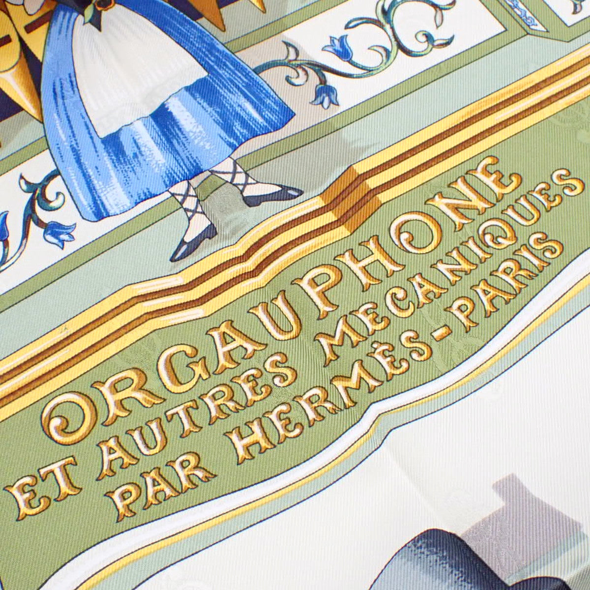 ORGAUPHONE ETAUTRES MECANIQUES Pipe organs and mechanical musical instruments, 90cm square silk scarf.