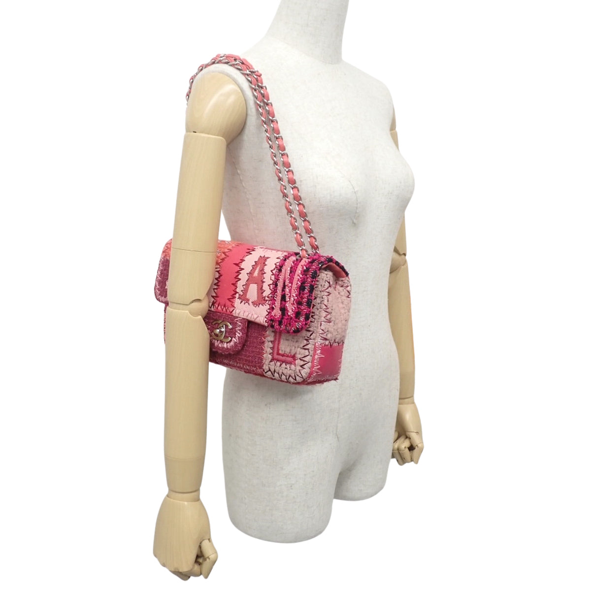 斜纹软呢和皮革拼接翻盖包,亮粉色和红色,A65468