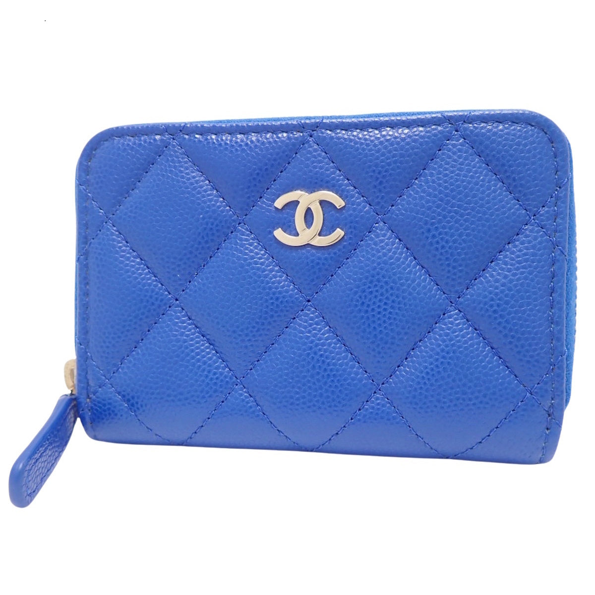 蓝色鱼子酱皮革绗缝拉链零钱包