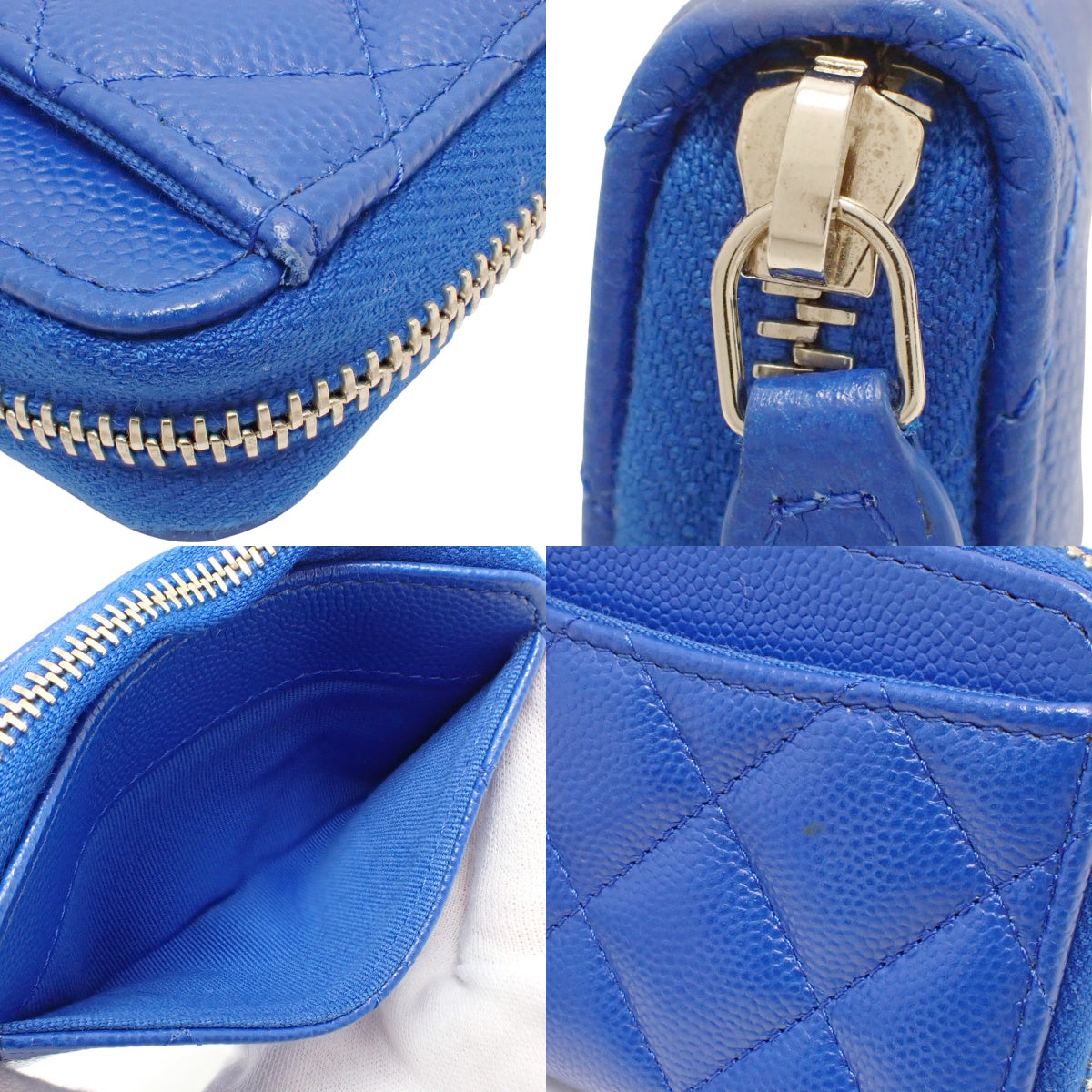 蓝色鱼子酱皮革绗缝拉链零钱包