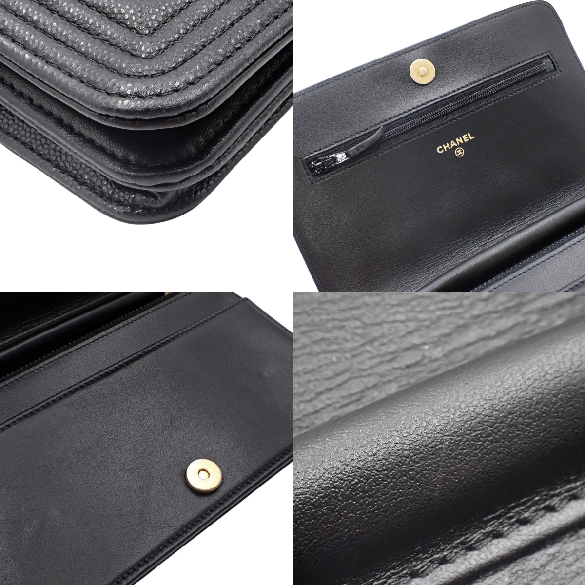 绗缝 Boy Chanel Coco Mark 链条钱包,鱼子酱纹皮革,黑色,AP1117