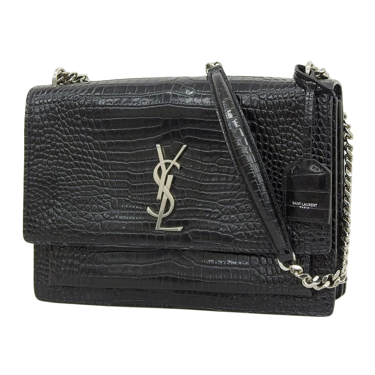 サンセット ミディアム クロコダイルエンボスレザー ブラック 498779