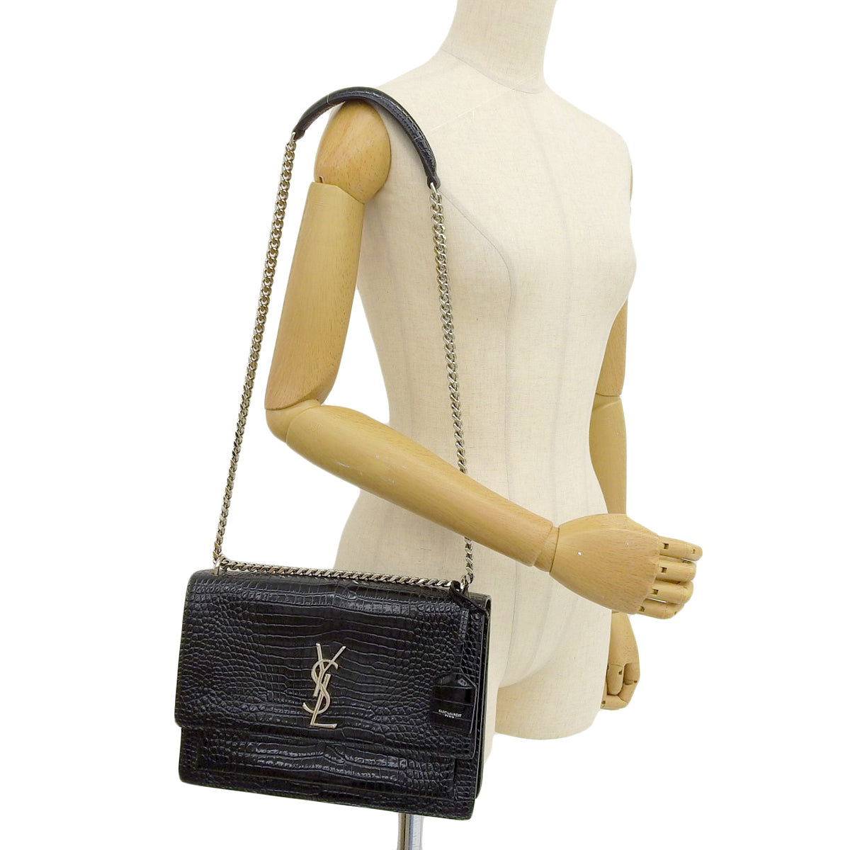 サンセット ミディアム クロコダイルエンボスレザー ブラック 498779