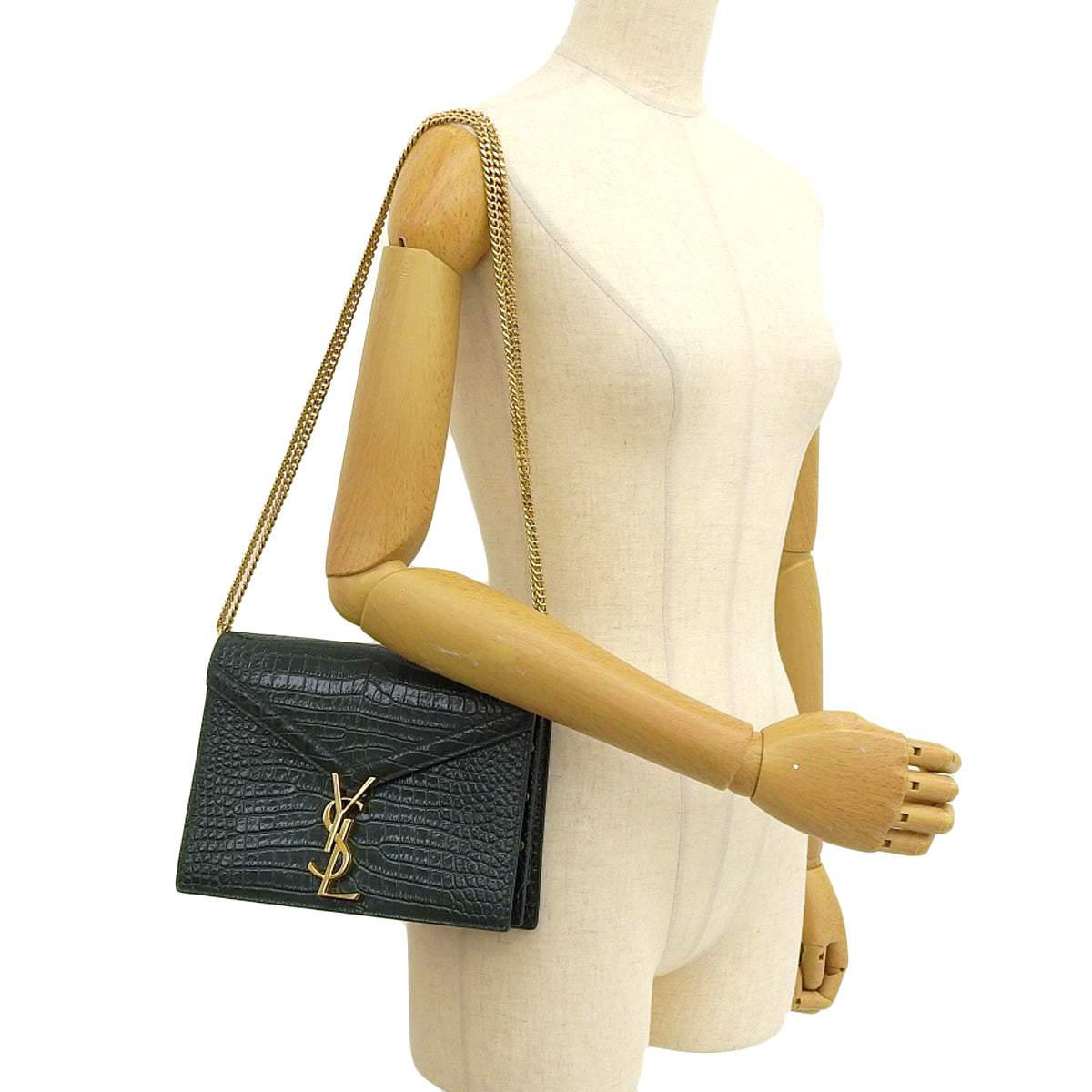 Cassandra Medium Crocodile Embossed Leather Green 532750 Chain Shoulder Bag with YSL Logo