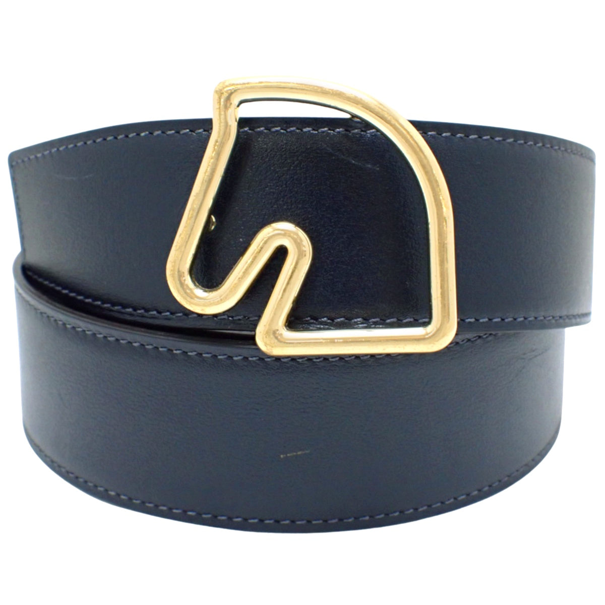 Tête de Cheval 双面皮革腰带,盒装小牛皮 Togo 蓝色 Marine/Etain,带 U 印章