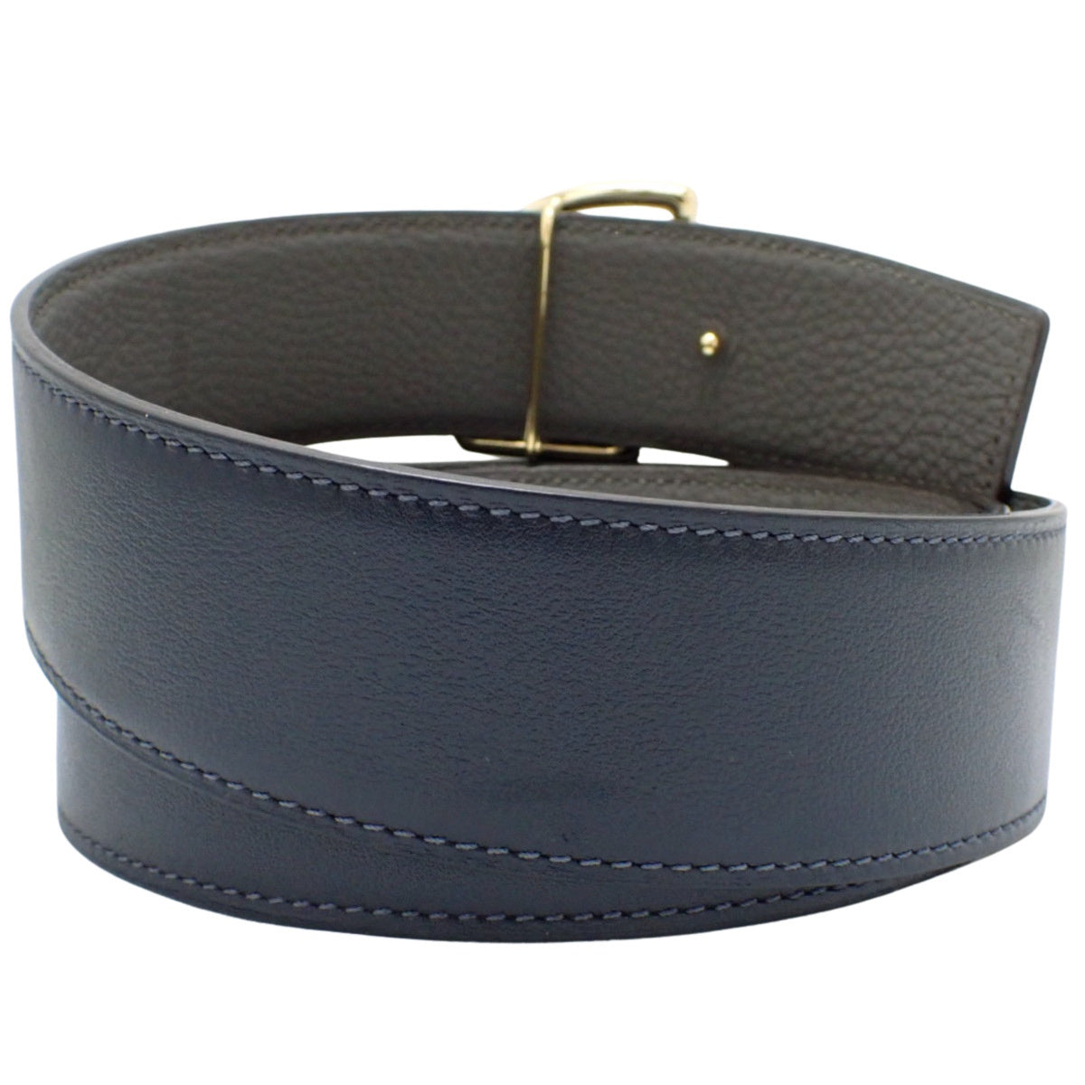 Tête de Cheval 双面皮革腰带,盒装小牛皮 Togo 蓝色 Marine/Etain,带 U 印章