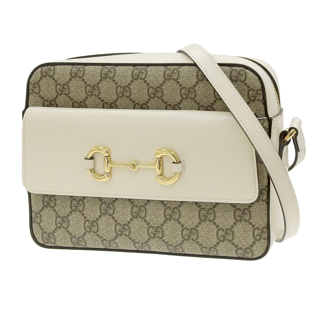 Horsebit 1955 Small Shoulder Bag in GG Supreme Canvas and Leather, White and Beige, 645454