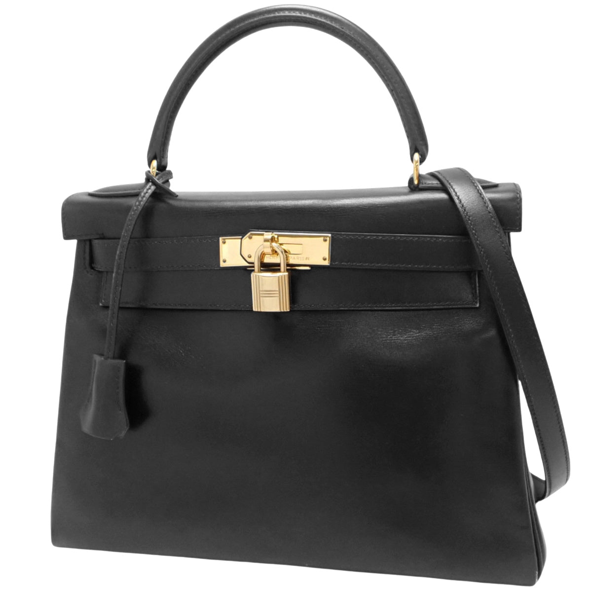 Kelly 28(内缝线),黑色小牛皮材质,金色五金配件,带C字印记