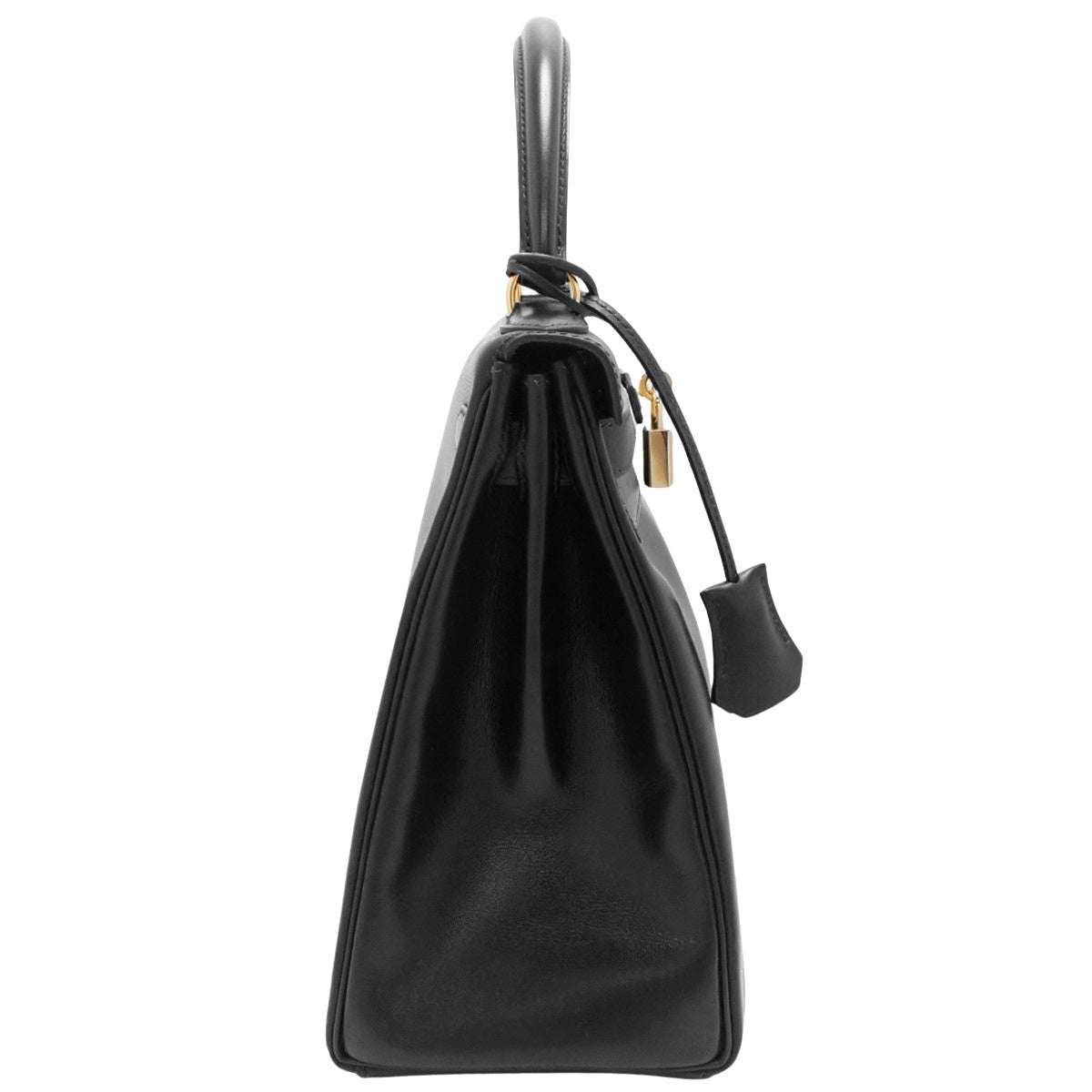 Kelly 28(内缝线),黑色小牛皮材质,金色五金配件,带C字印记