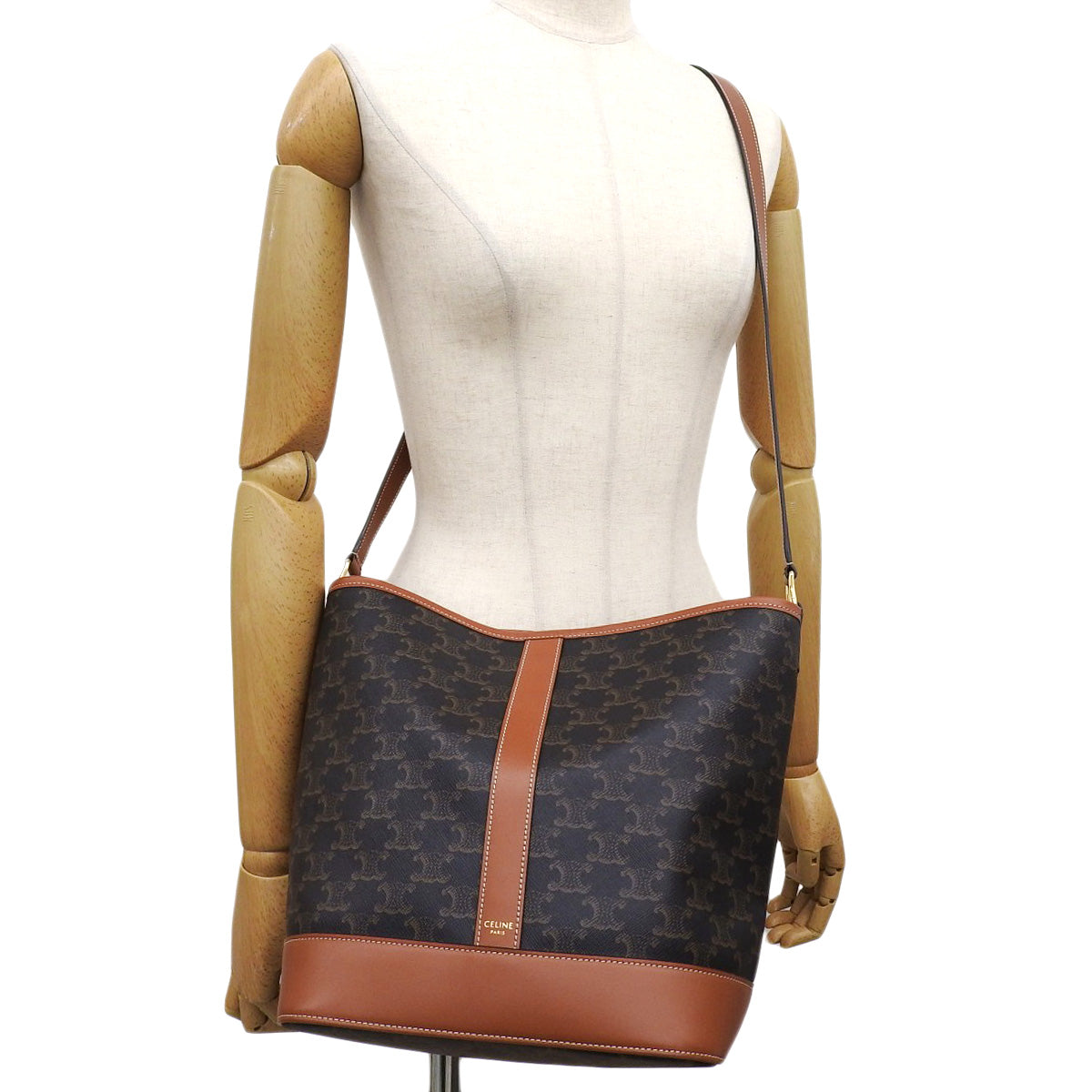 Medium Bucket Bag in Calfskin and Triomphe Canvas, Tan, 191132CAS.04LU