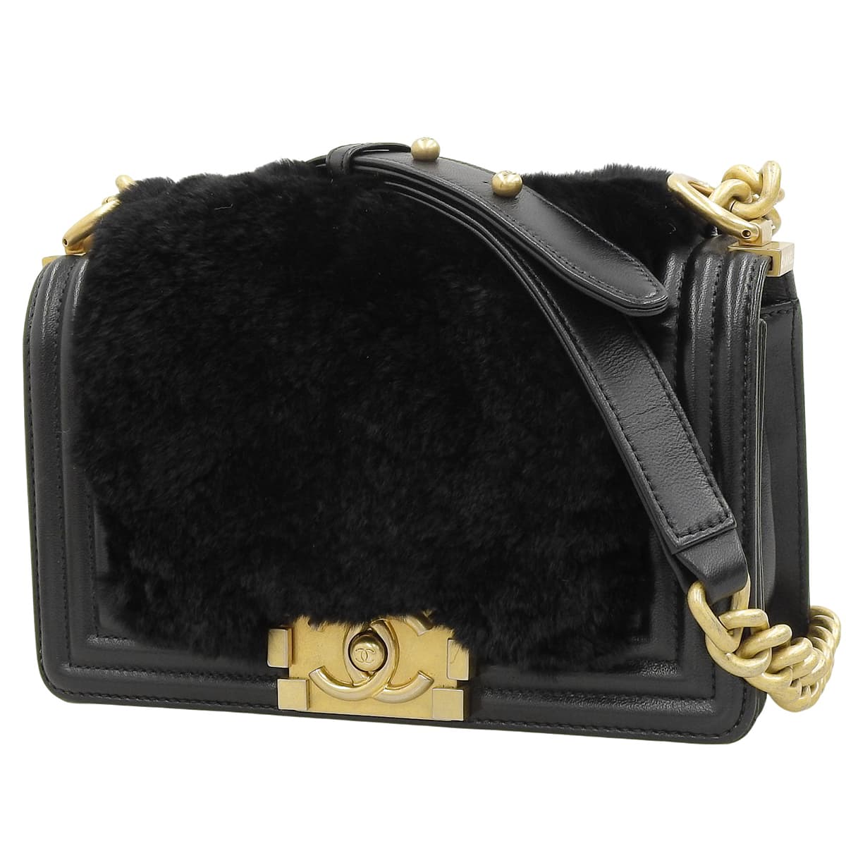 Boy Chanel Small Chain Shoulder Bag in Black Leather and Faux Fur
