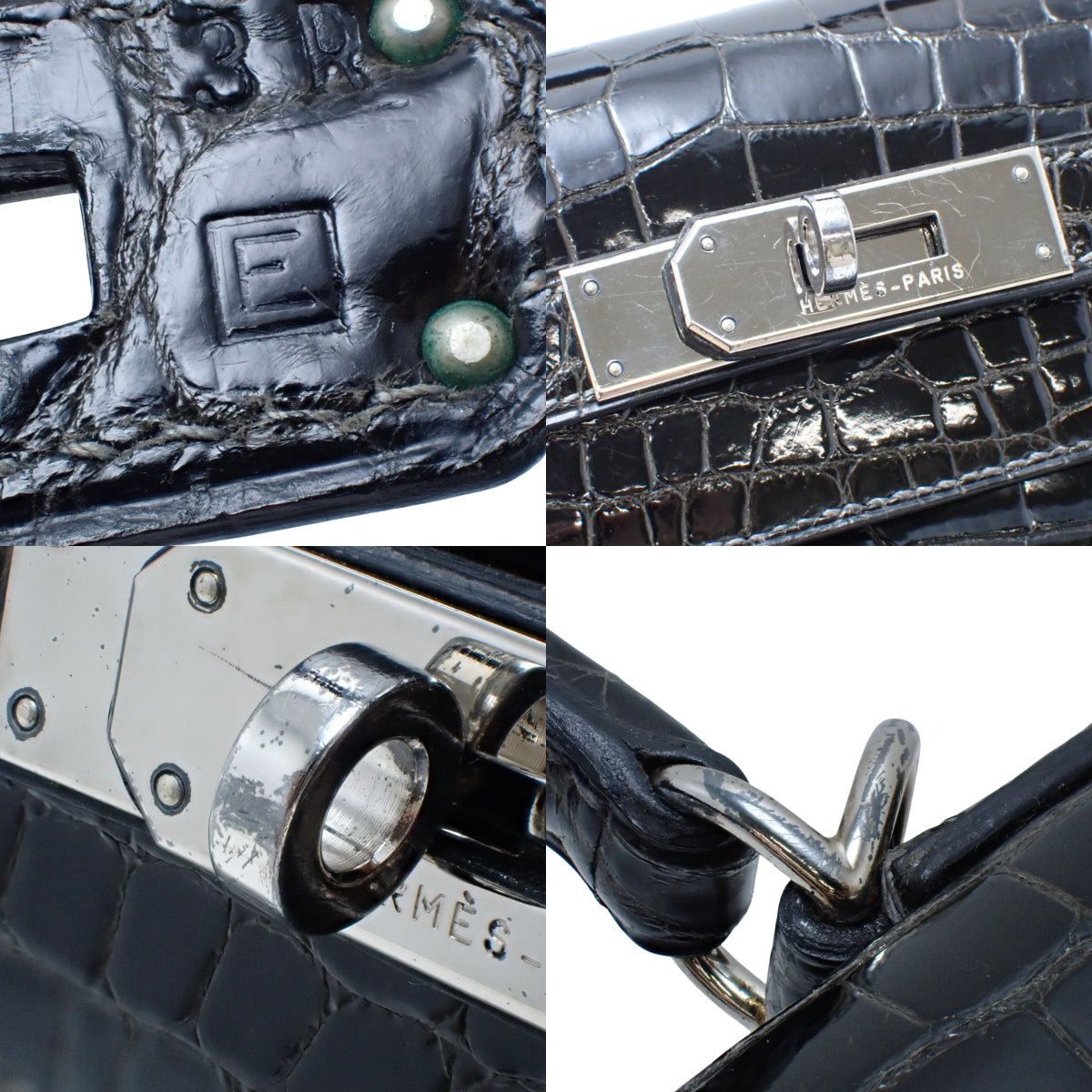 Kelly 28 (External Stitching) Niloticus Graphite with Silver Hardware, F Stamp