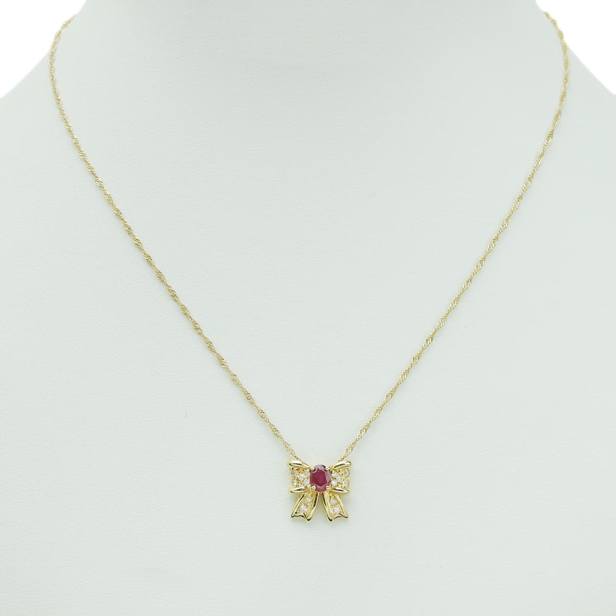 Ruby and Diamond Ribbon Motif Necklace R0.44/D0.11 Yellow Gold K18YG