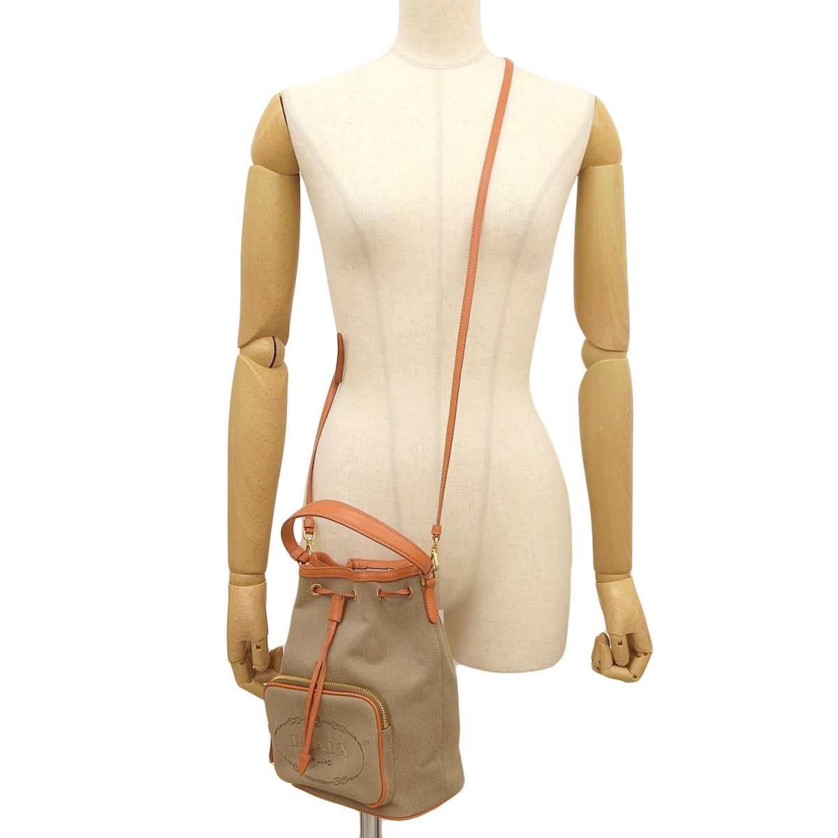 Duet Bucket Bag Canvas Leather Beige Orange 1BH038