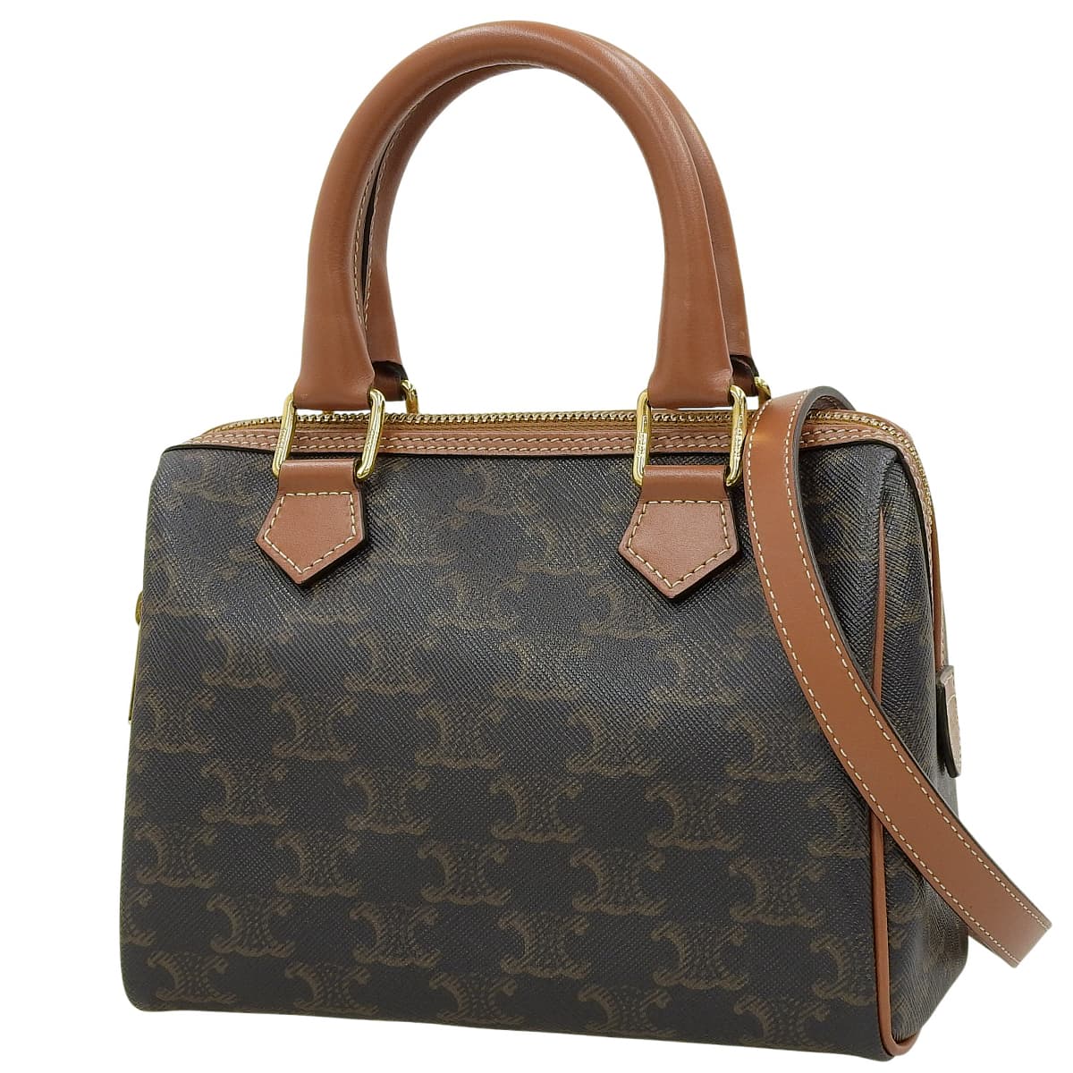 Small Boston Bag in Calfskin and Triomphe Canvas, Tan, 113772CAS.04LU