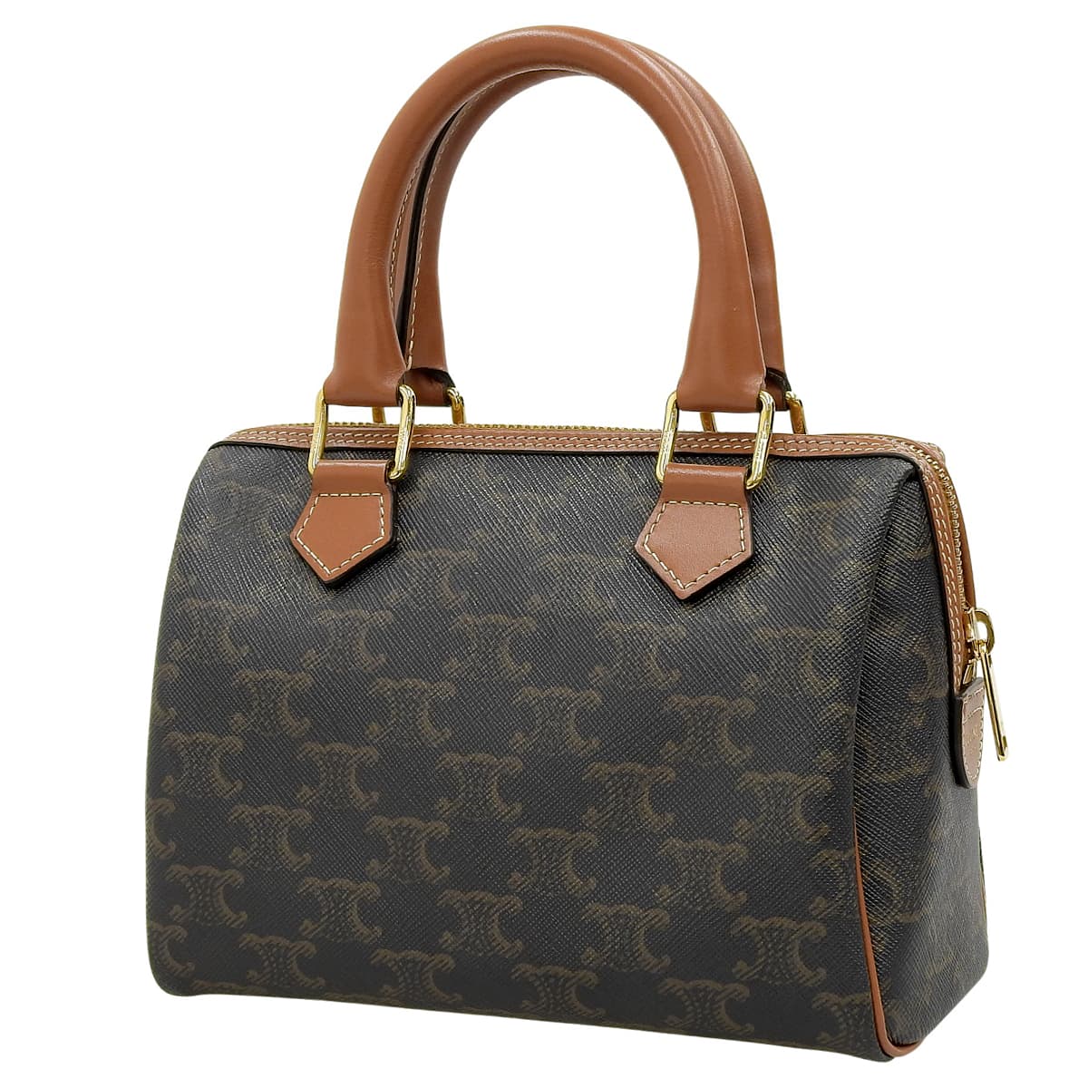 Small Boston Bag in Calfskin and Triomphe Canvas, Tan, 113772CAS.04LU