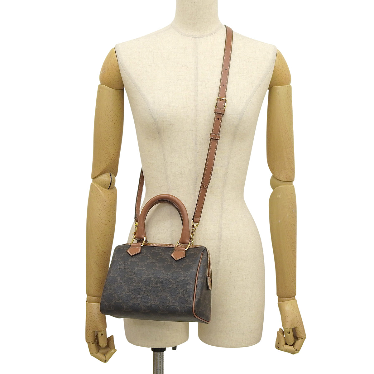 Small Boston Bag in Calfskin and Triomphe Canvas, Tan, 113772CAS.04LU