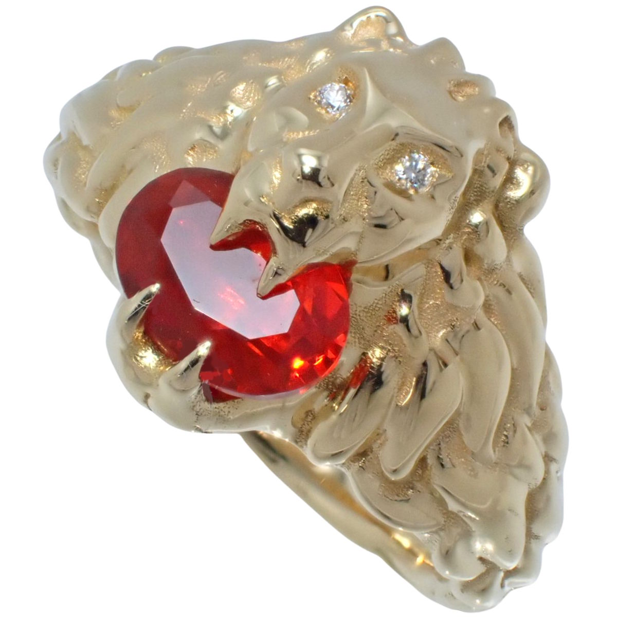 Lion Head Ring in 18K Yellow Gold with Fire Opal and Diamonds
