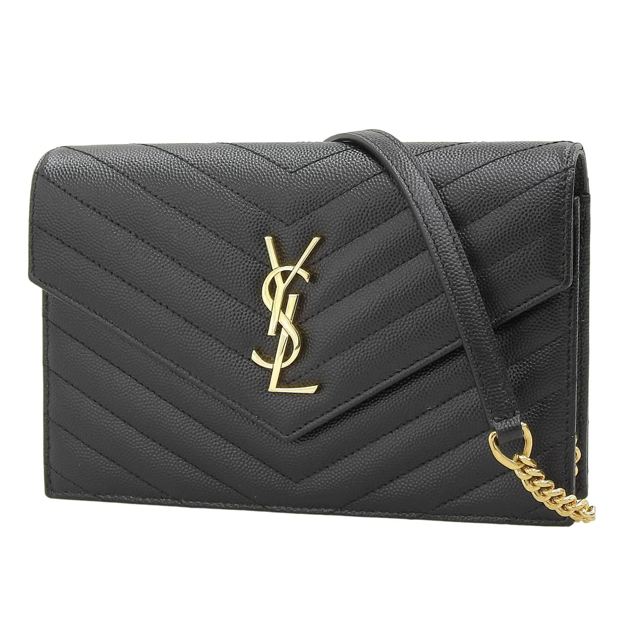 Cassandra Envelope Chain Wallet in Grain de Poudre Leather, Black, 742920