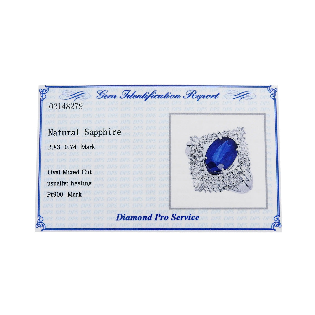 Large motif sapphire and diamond ring, size S2.83/D0.74, Pt900, size 12 (52), 11.4g