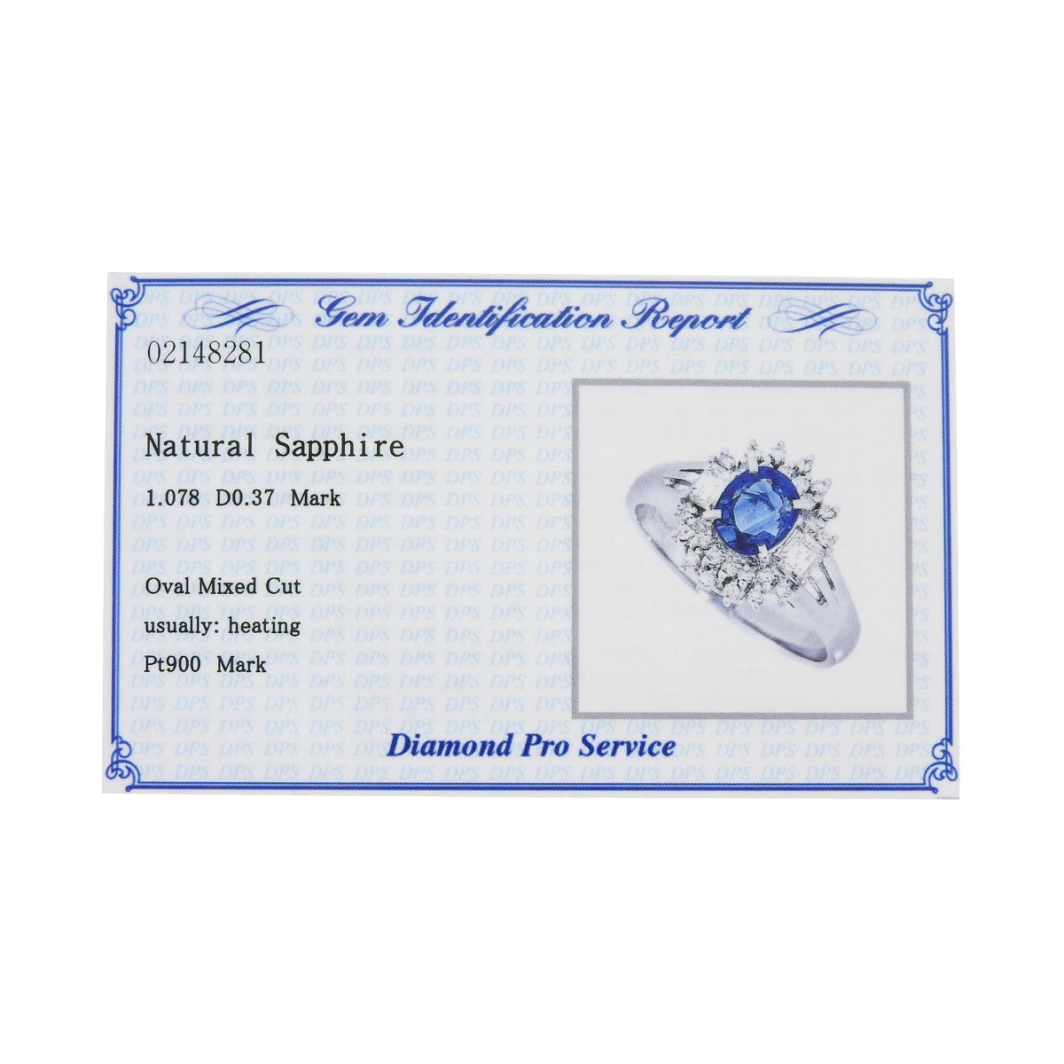 Sapphire and diamond ring, S1.078/D0.37, platinum Pt900, 5.5g