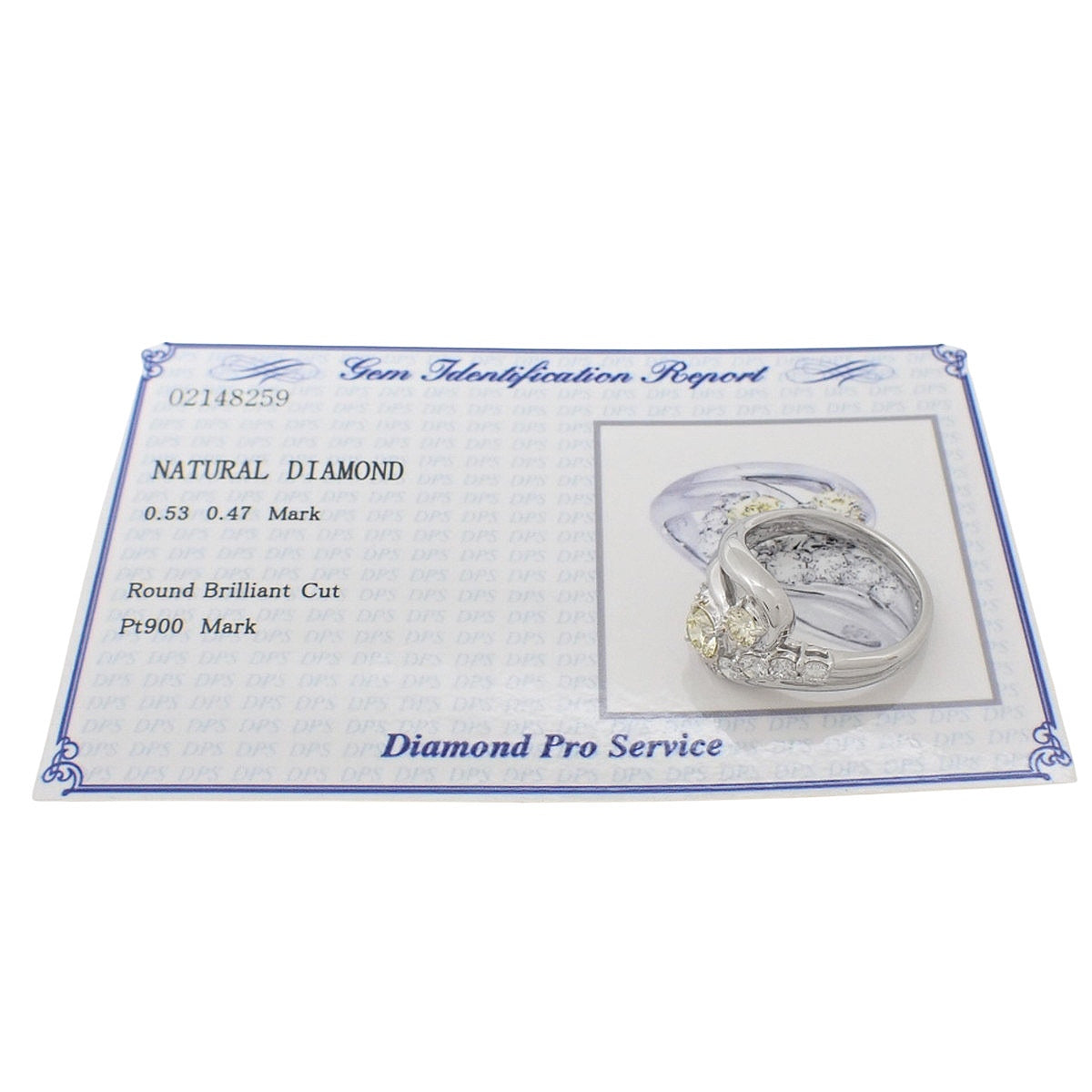 黄钻铂金交织戒指,主钻0.53克拉,辅钻0.47克拉,Pt900材质,指圈12号(欧码52),重8.5克。