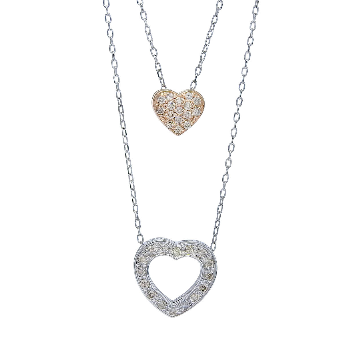 ダブルハート ダイヤモンド ネックレス D0.11,0.08 K18WG K18PG