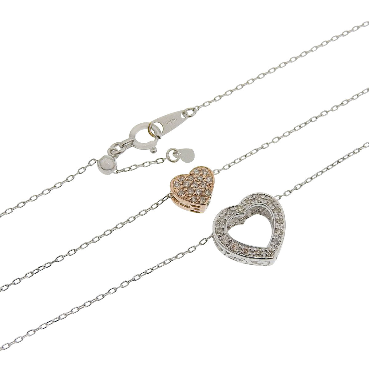 Double Heart Diamond Necklace D0.11,0.08 K18WG K18PG