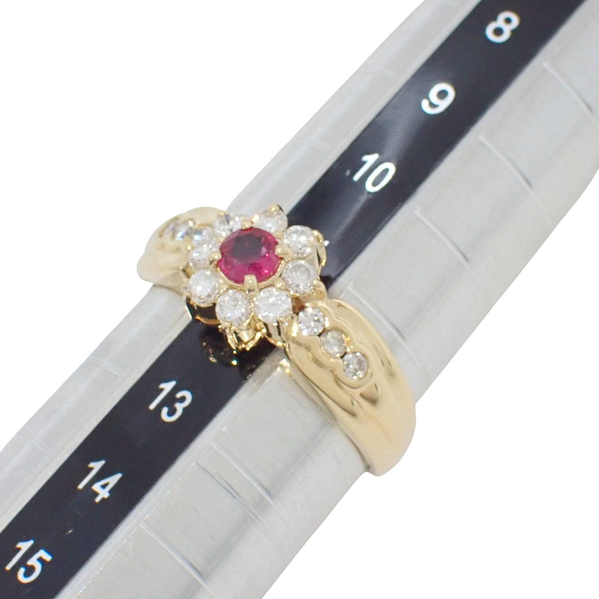 Ruby Diamond Flower Motif Ring R0.19/D0.40 K18YG Size 11.5 (US 6) 3.5g
