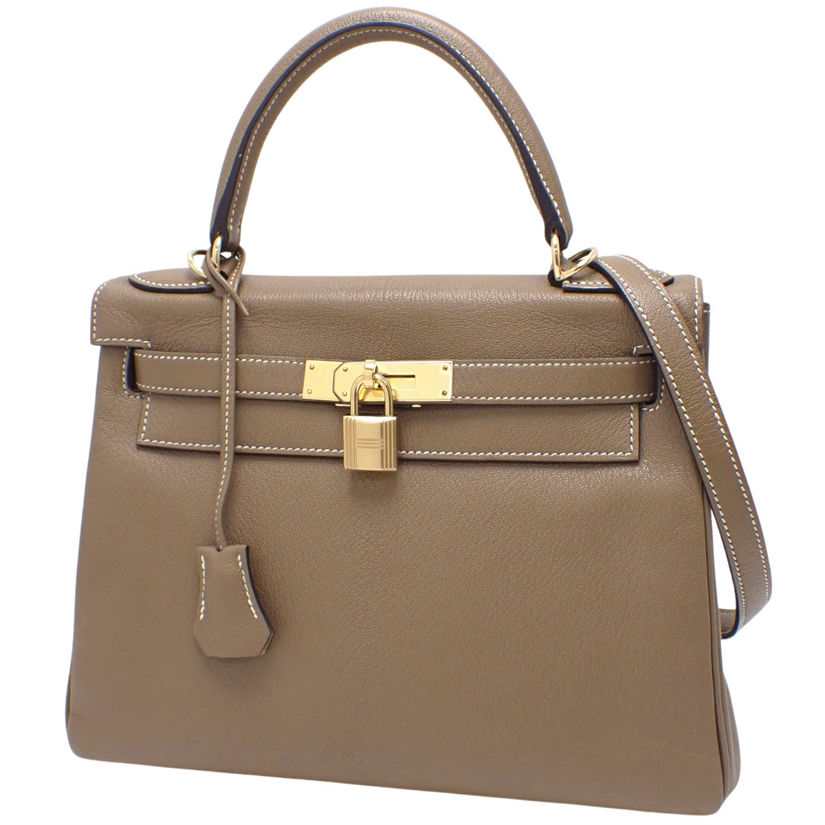 Kelly 28(内缝)Chevre Etoupe/Etoupe,香槟金五金配件,D Stamp