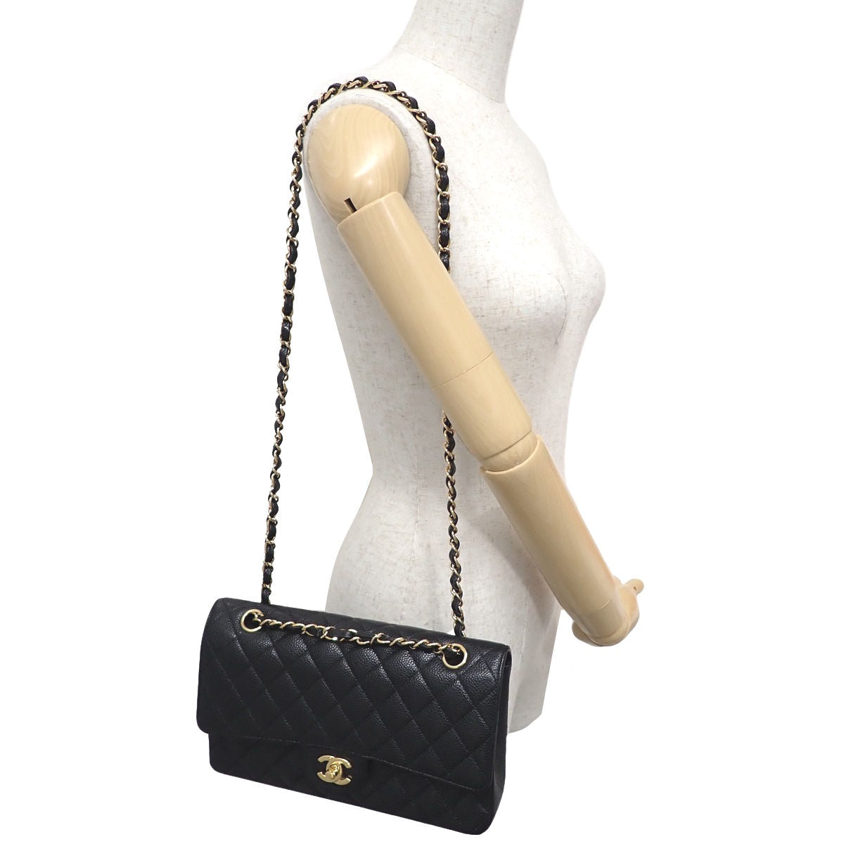 Matelasse Coco Mark W-Flap 25 链条肩背包,鱼子酱纹皮革,黑色 (A01112)