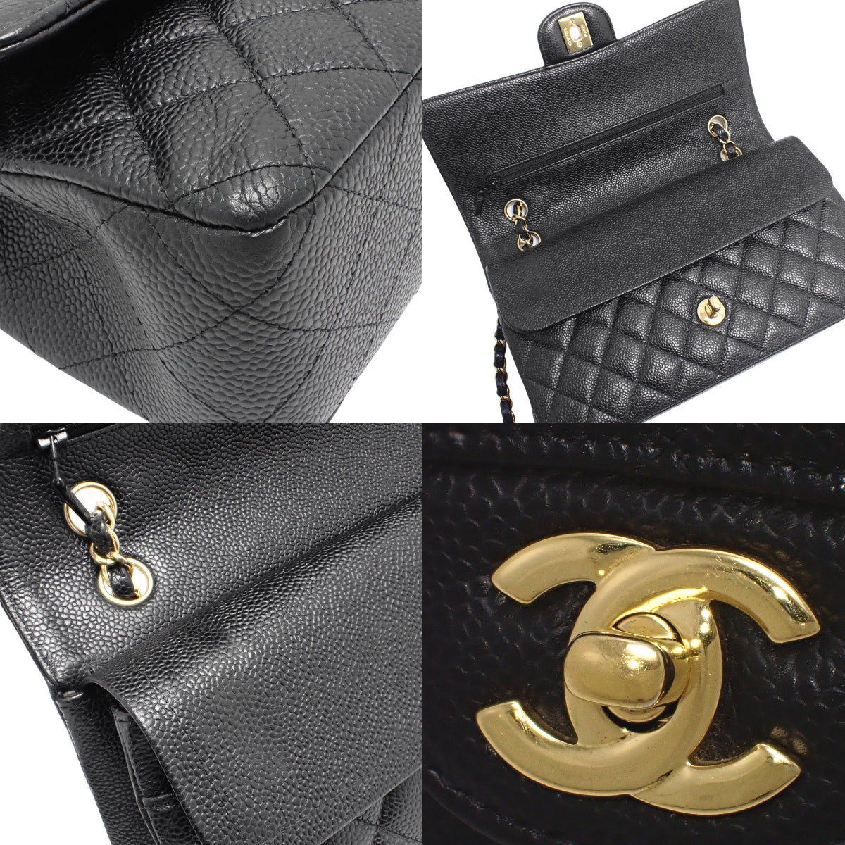 Matelasse Coco Mark W-Flap 25 链条肩背包,鱼子酱纹皮革,黑色 (A01112)