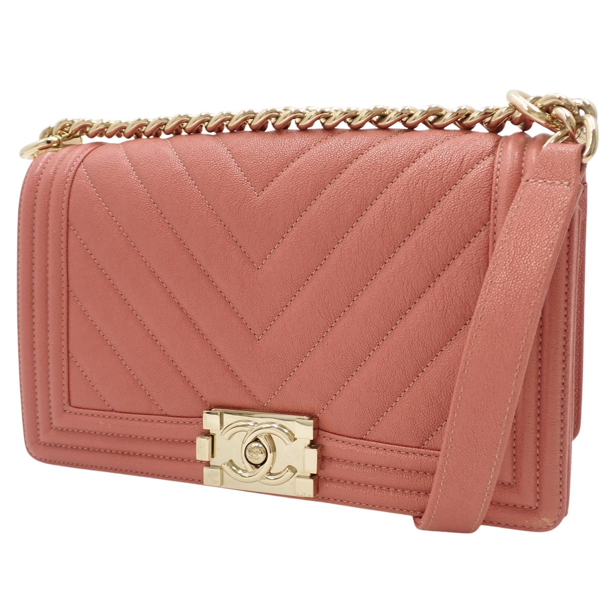 ボーイシャネル/シェブロン チェーンショルダーバッグ キャビアスキン ピンクベージュ