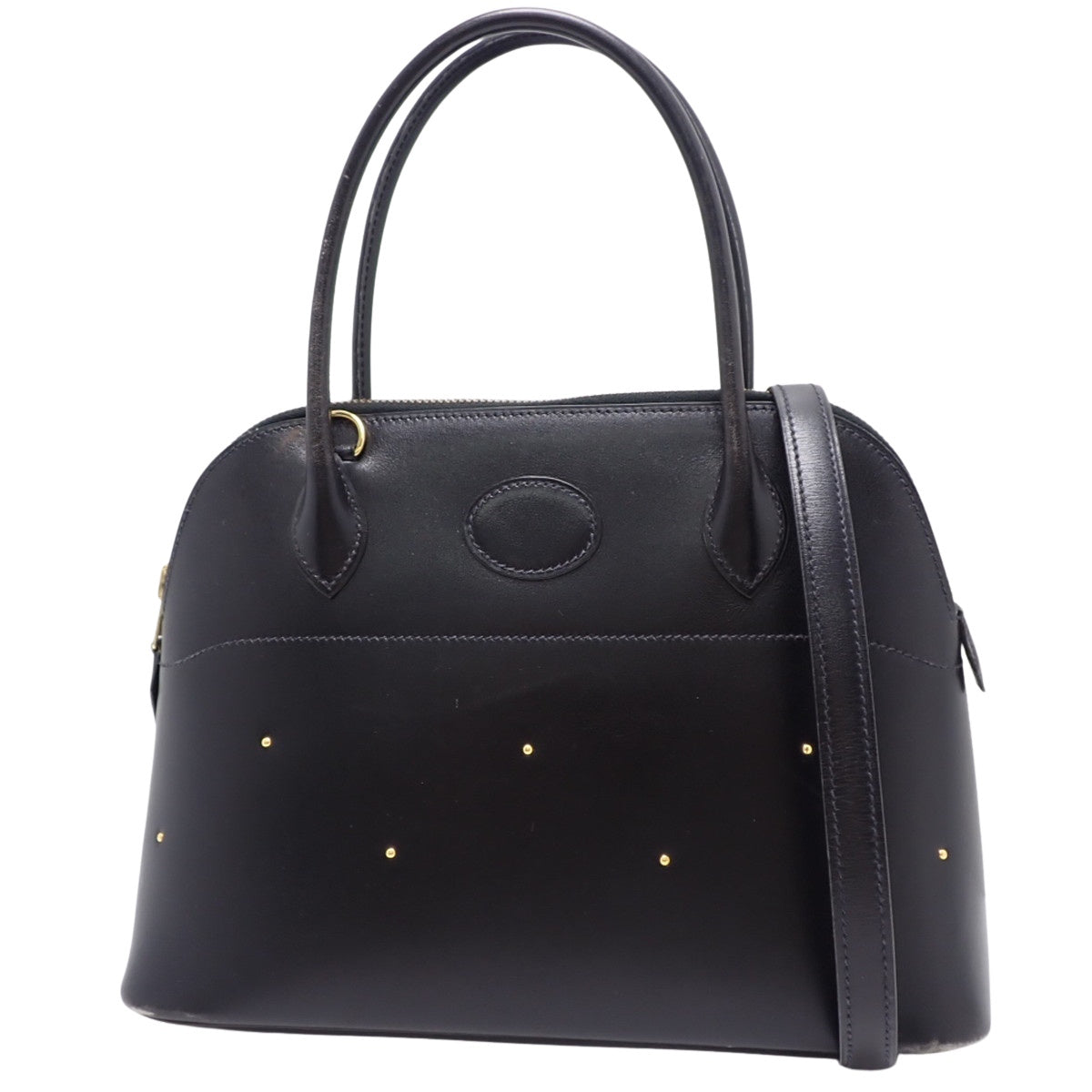 Bolide 27 studded box calf leather in black with gold hardware and a 〇X stamp