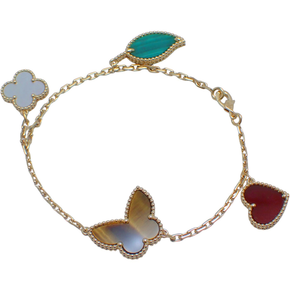 幸运阿尔罕布拉手链,四种图案可选:红玉髓/白贝壳/孔雀石/虎眼石,18K黄金