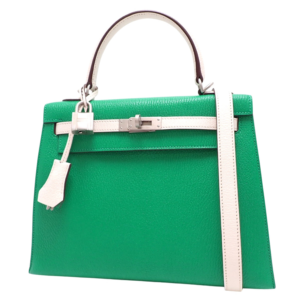 Kelly 25 (External Stitching) Chevre Mint Mushroom, Matte Silver Hardware, U Stamp