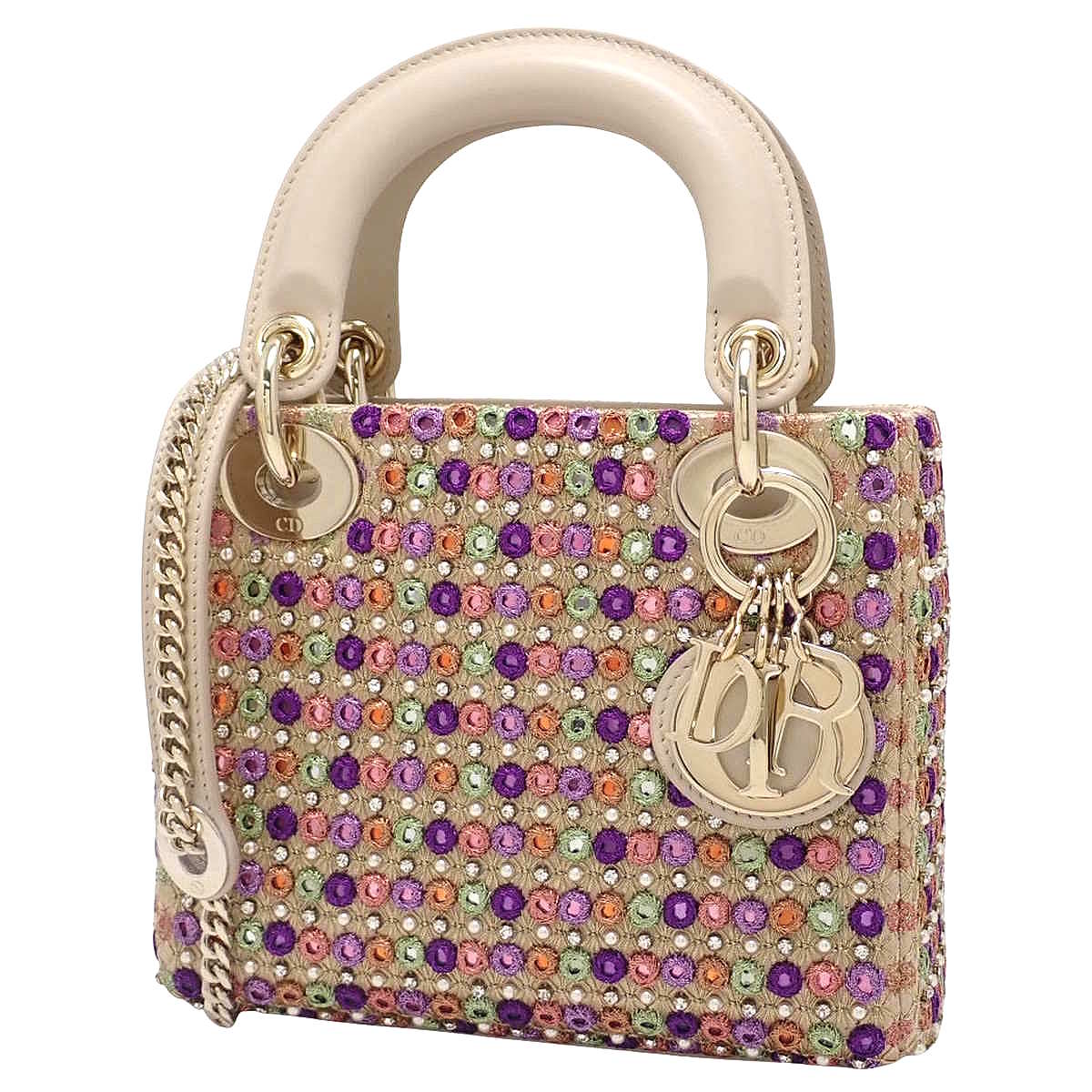 Lady Dior レディディオール ミニ レザー 刺繍 スパンコール ベージュ パープル グリーン/オレンジ マルチ スパンコール ショルダー 肩掛け 斜め掛け