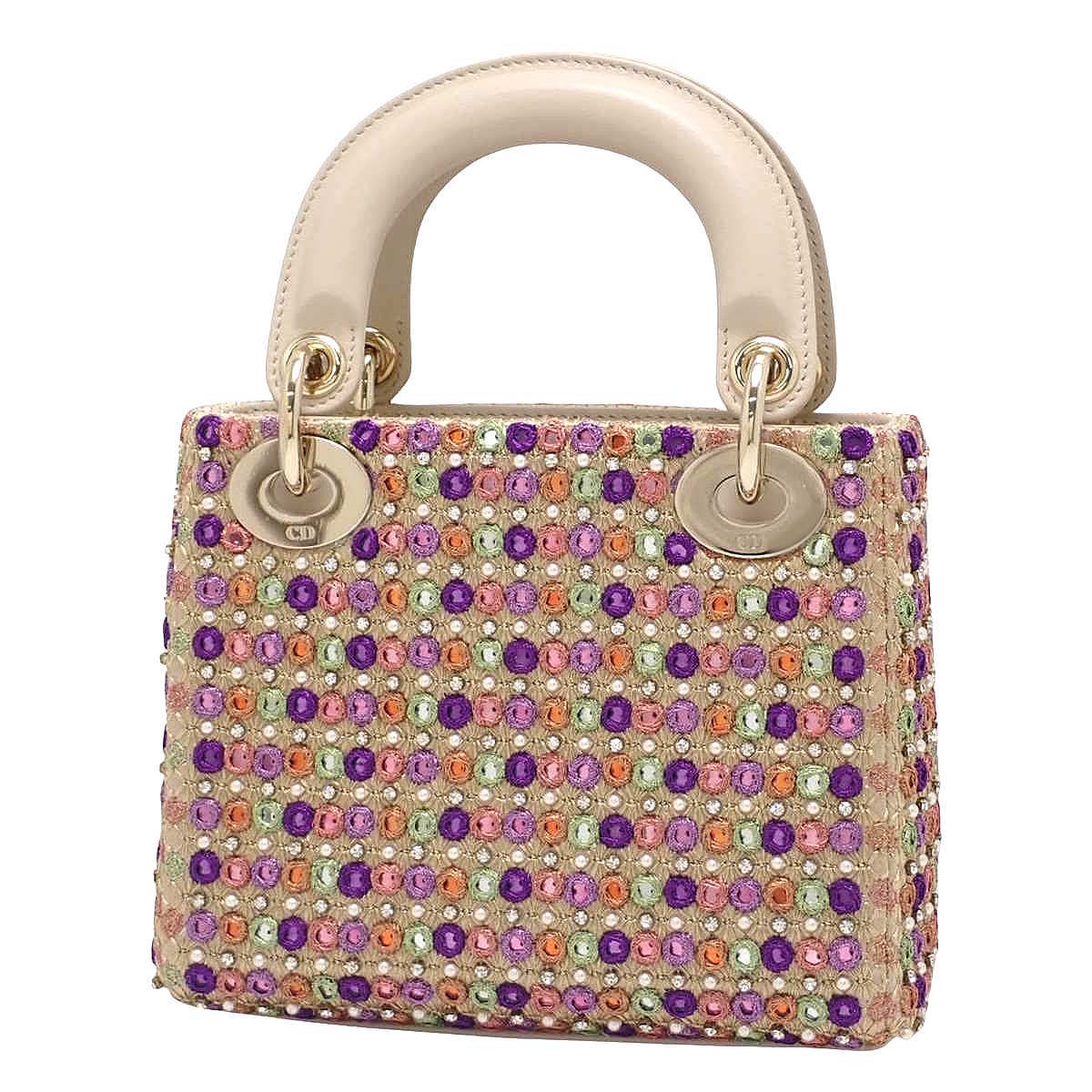 Lady Dior レディディオール ミニ レザー 刺繍 スパンコール ベージュ パープル グリーン/オレンジ マルチ スパンコール ショルダー 肩掛け 斜め掛け