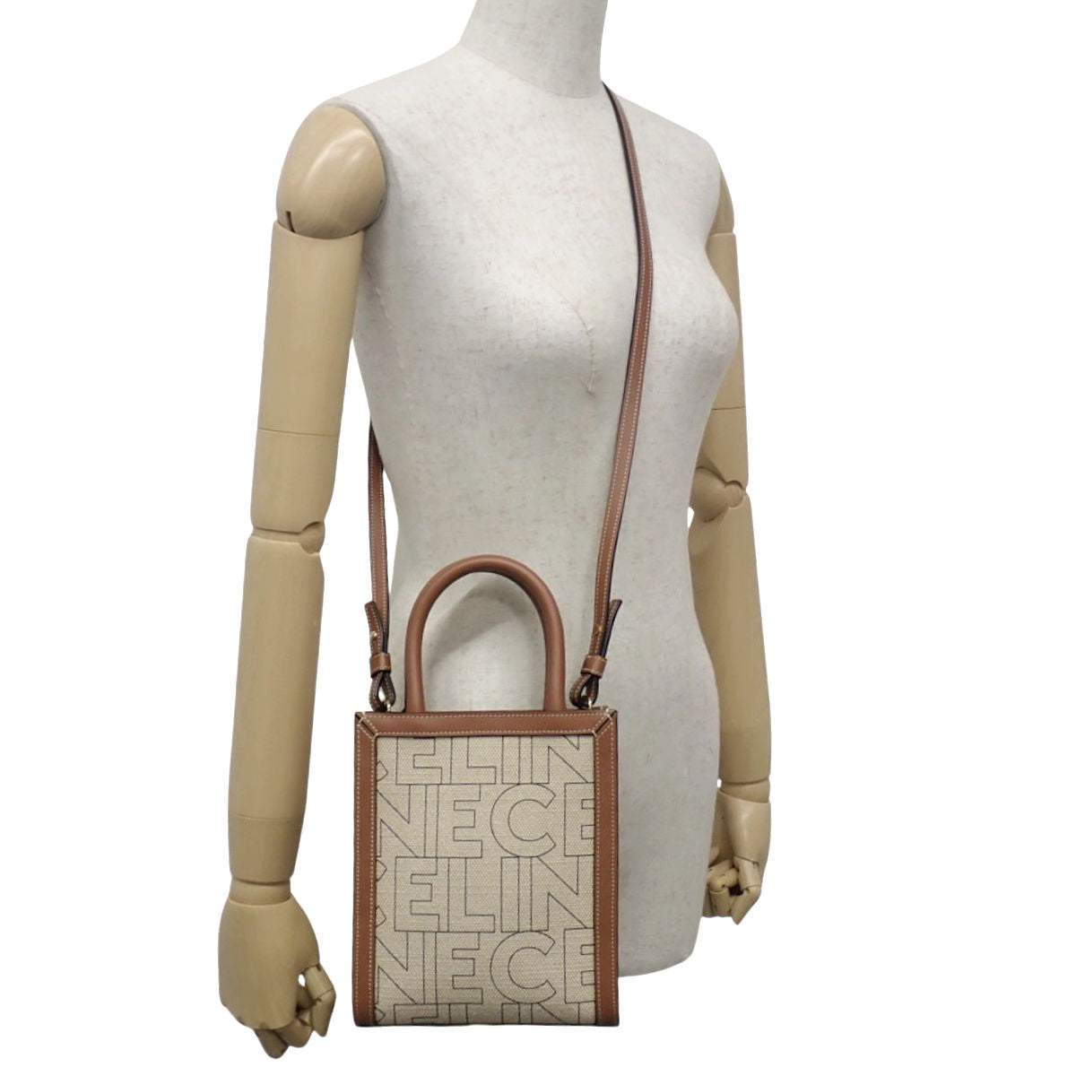 Mini Vertical Cabas Canvas Leather Beige Brown 193302EUK.0E