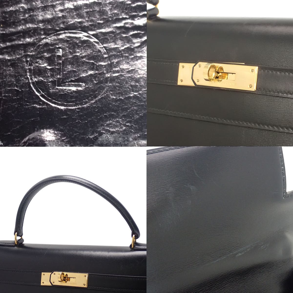 Kelly 32 (outside stitching) Box calf, black, gold hardware, ○L stamp