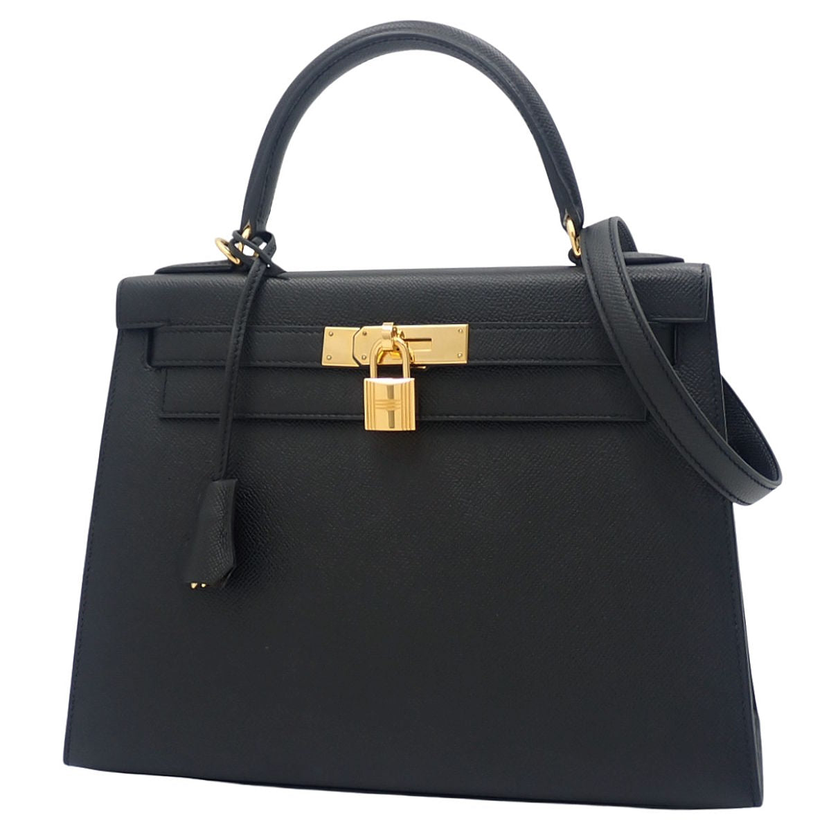 Kelly 28 (Outside Stitching) Veau Epsom Leather Black Gold Hardware C Stamp