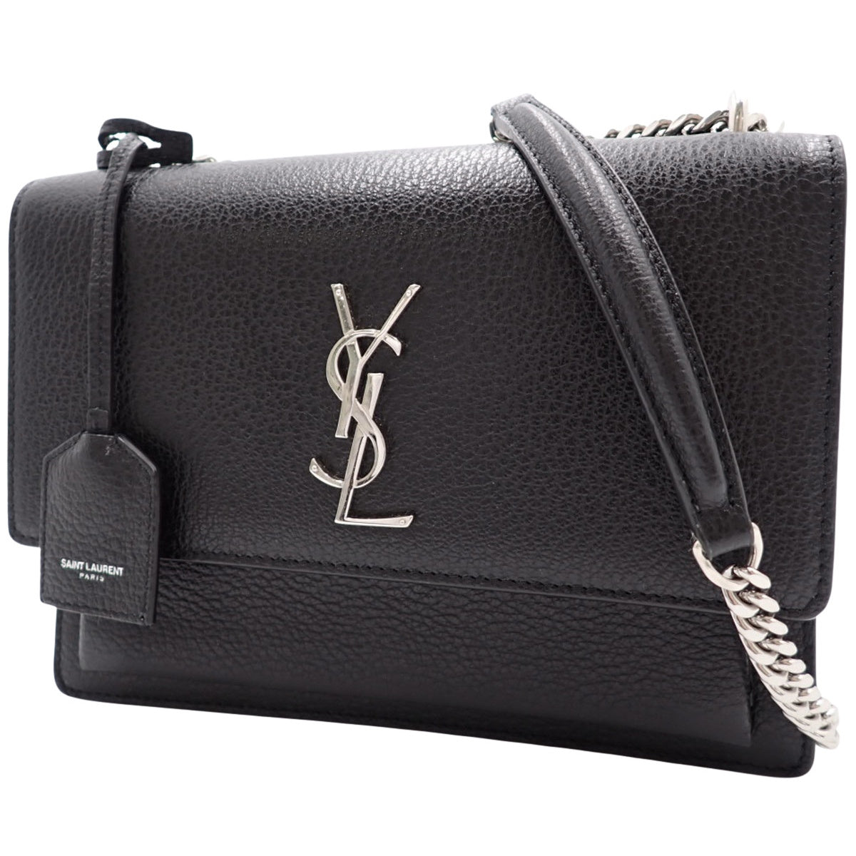 日落中号皮革黑色442906,两用包,可肩背或斜挎,饰有YSL标志。