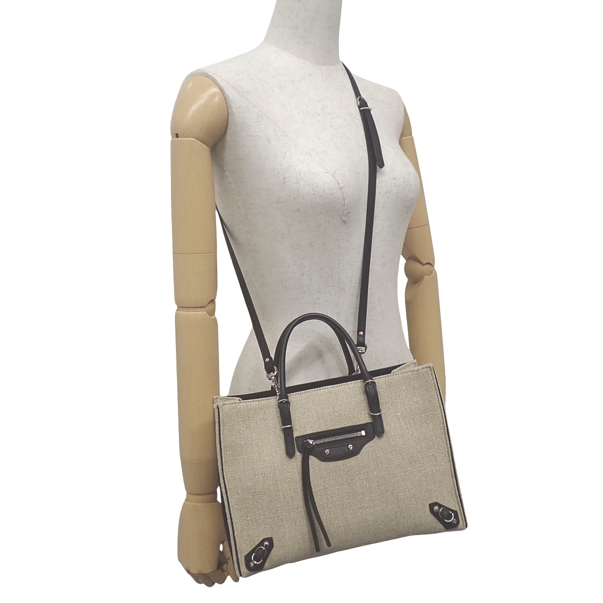 ペーパーミニ A6 キャンバス レザー ベージュ ブラック 370926