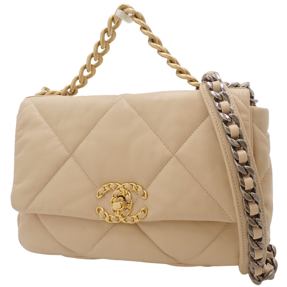 Chanel 19 Matelasse Chain Shoulder Bag in Beige Lambskin (AS1160)