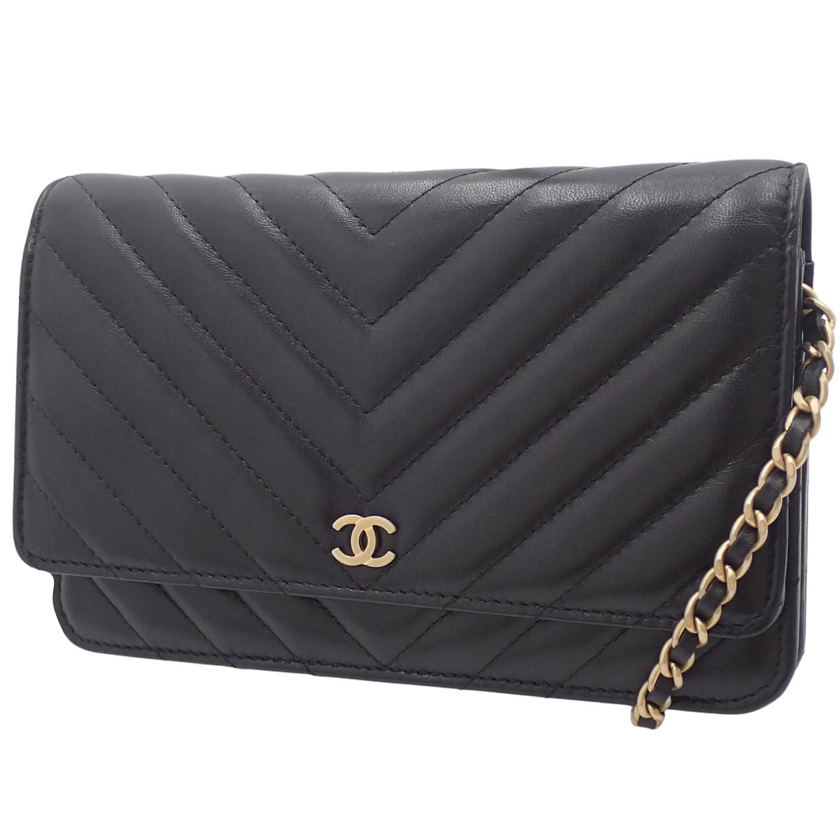 Vステッチ ココマーク ロング チェーンウォレット ラムスキン ブラック